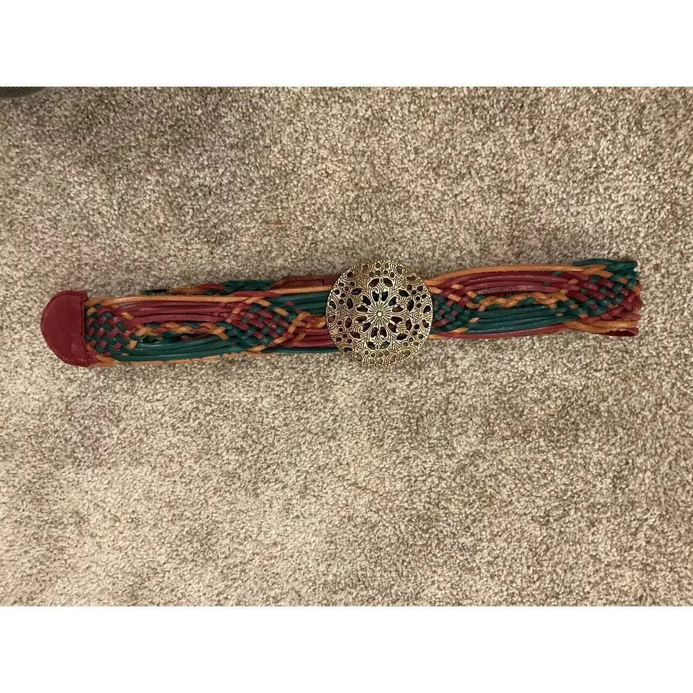 Hollister Y2K Boho 100% Leather Multicolored Braided Belt Brass Buckle, XS/S